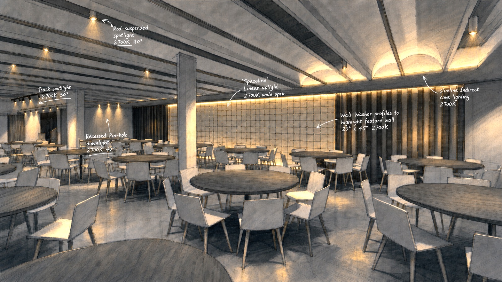 Eastwood restaurant hand-drawn lighting concept sketch with fixture annotations