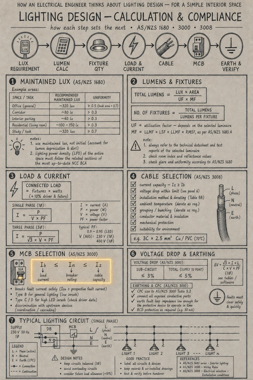 The engineering logic of a compliant lighting design, to AS/NZS 1680, 3000 and 3008.