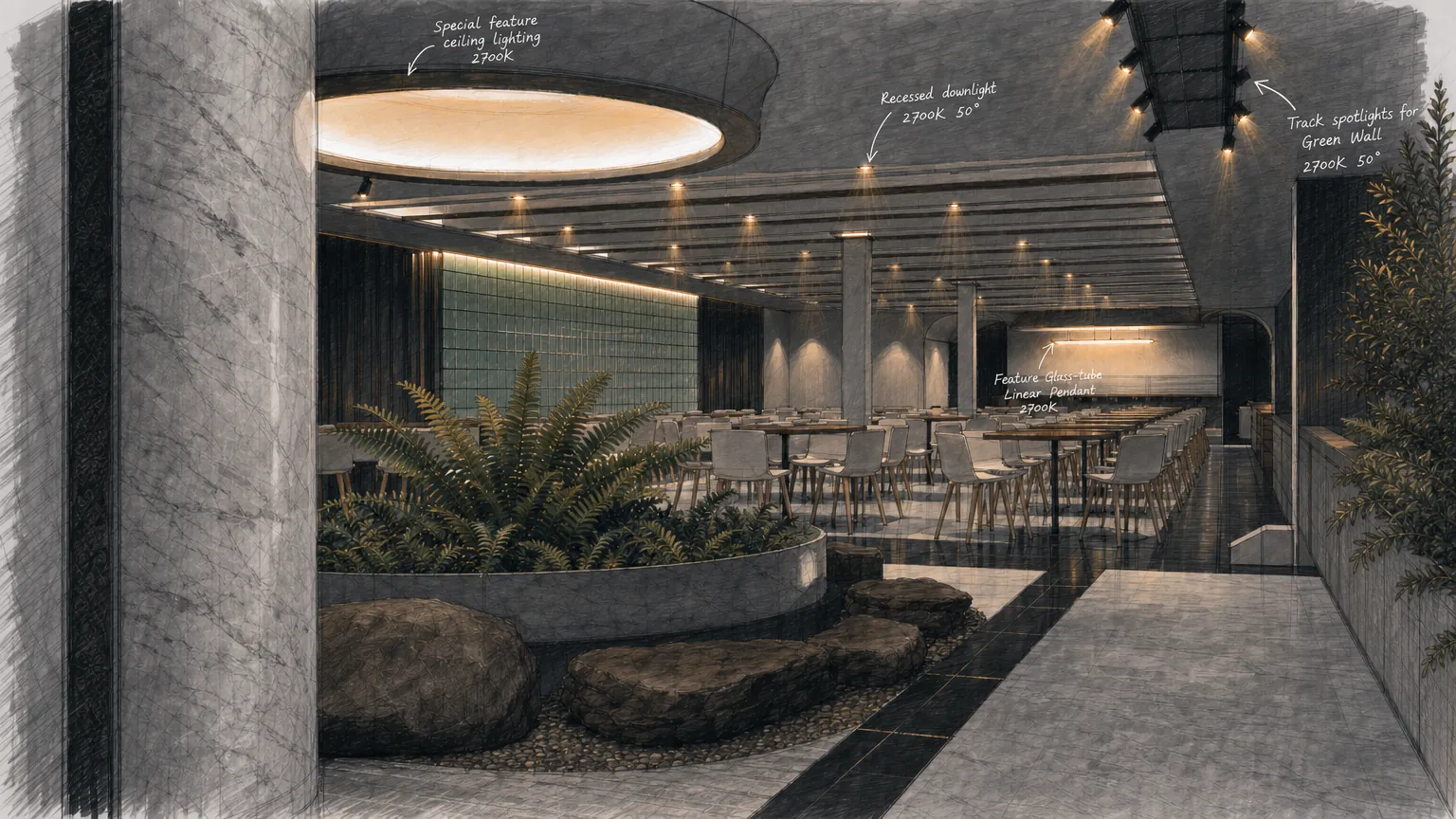 Eastwood restaurant entrance lighting concept